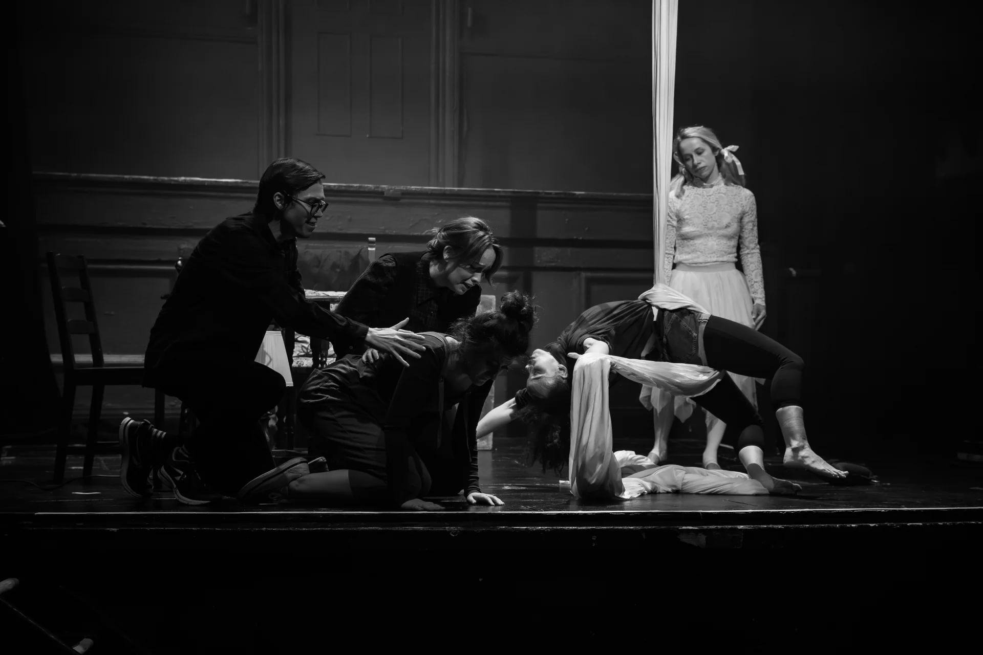 black and white, aerial performance, theatre performing art, play, aerial circus act, live performance, acting