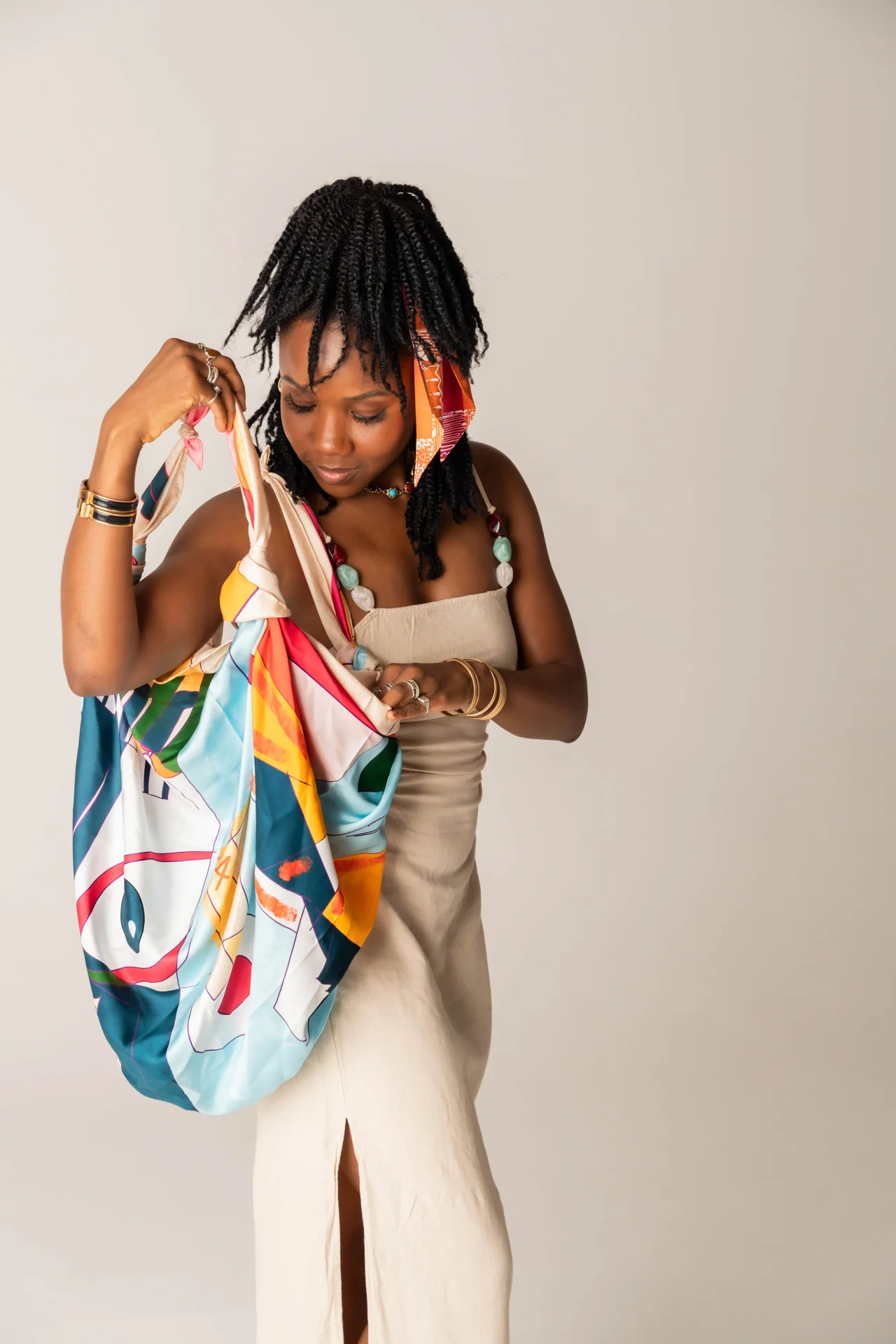 lifestyle, fun and lively, brand, design, fashion, artpiece, silk scarves, portrait